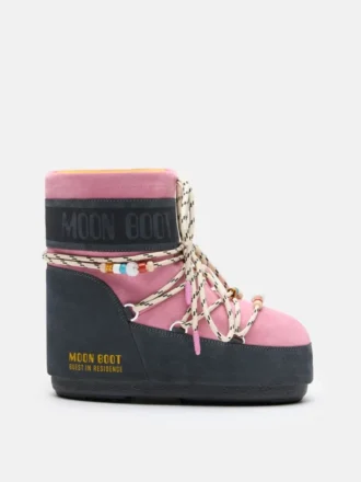 Moon Boot X Guest in Residence Icon Low Stiefeletten aus grauem und rosafarbenem Wildleder mit Perlenverzierung